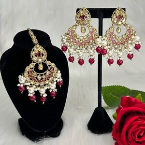 Beautiful Hot Pink & Gold Earrings And Tikka Set